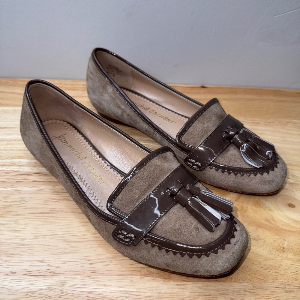 Jean-Michel Cazabat Romaine Taupe Suede Brown Patent Tassel Loafers Shoes 35